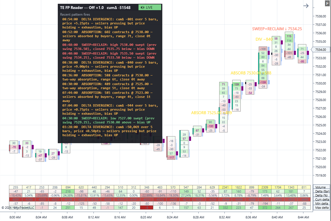TE Footprint Reader on a NinjaTrader chart highlighting a sweep + reclaim and delta divergence.